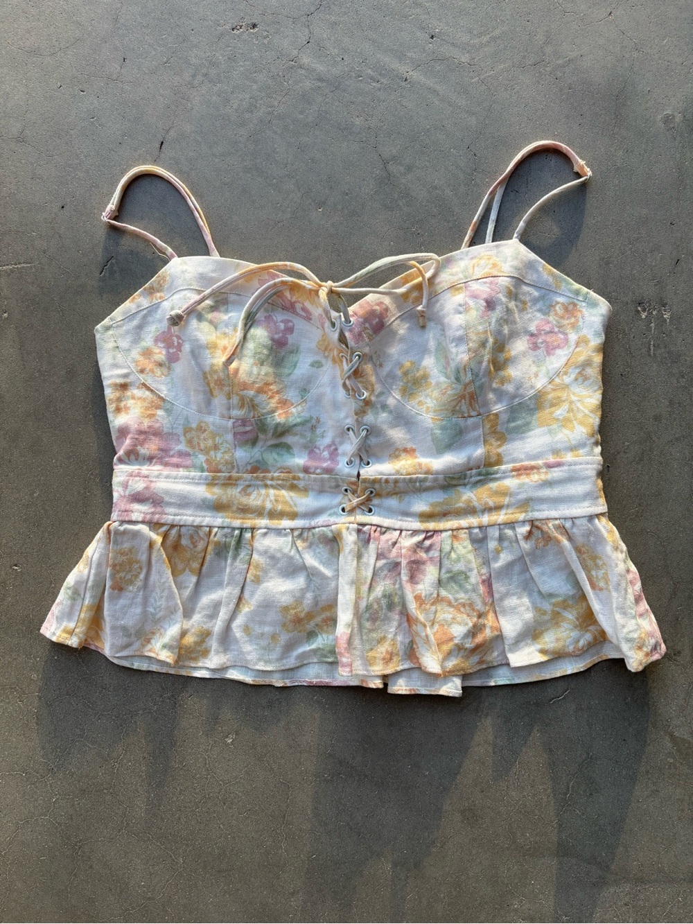WAYF L. 100% Linen Floral Corset Bustier Peplum Cami Top Y2K Cottagecore